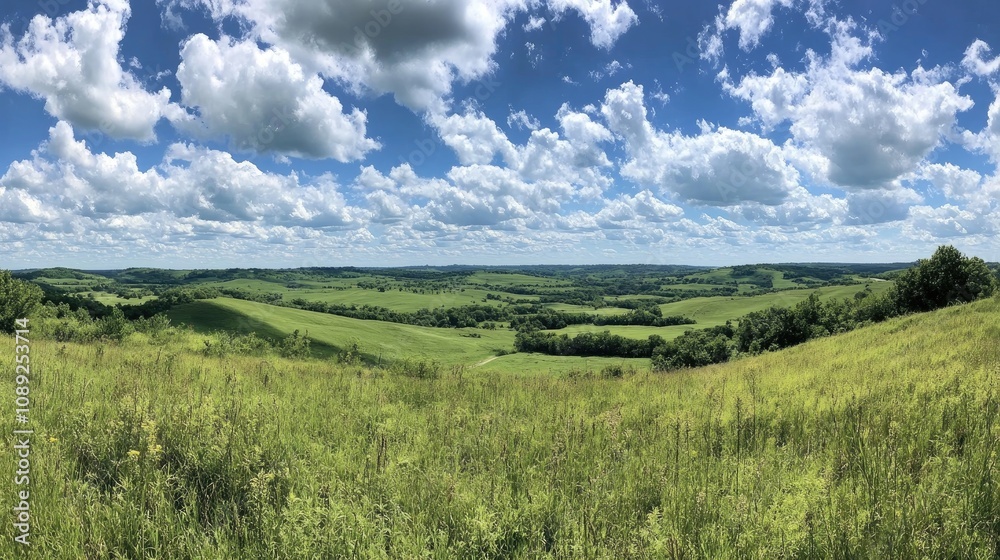 Lush green hills and meadows stretch across the landscape under a vivid blue sky adorned with fluffy white clouds, creating a serene and picturesque panorama. Lush green hills and meadows stretch across the landscape under a vivid blue sky adorned with fluffy white clouds, creating a serene and picturesque panorama.