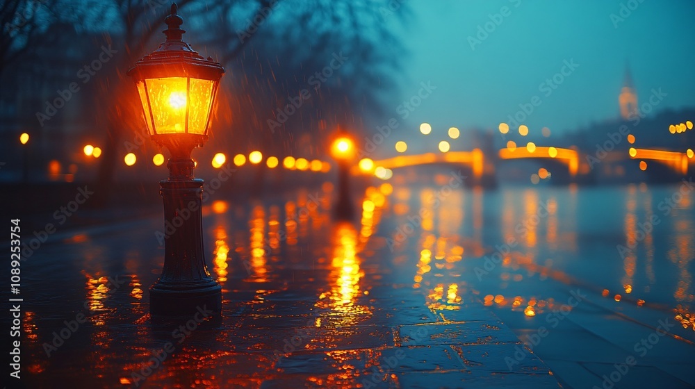 Blurred vision of bright streetlights at night, halo effects around the lights with streaks of glow, a cityscape slightly out of focus, rain lightly falling, 