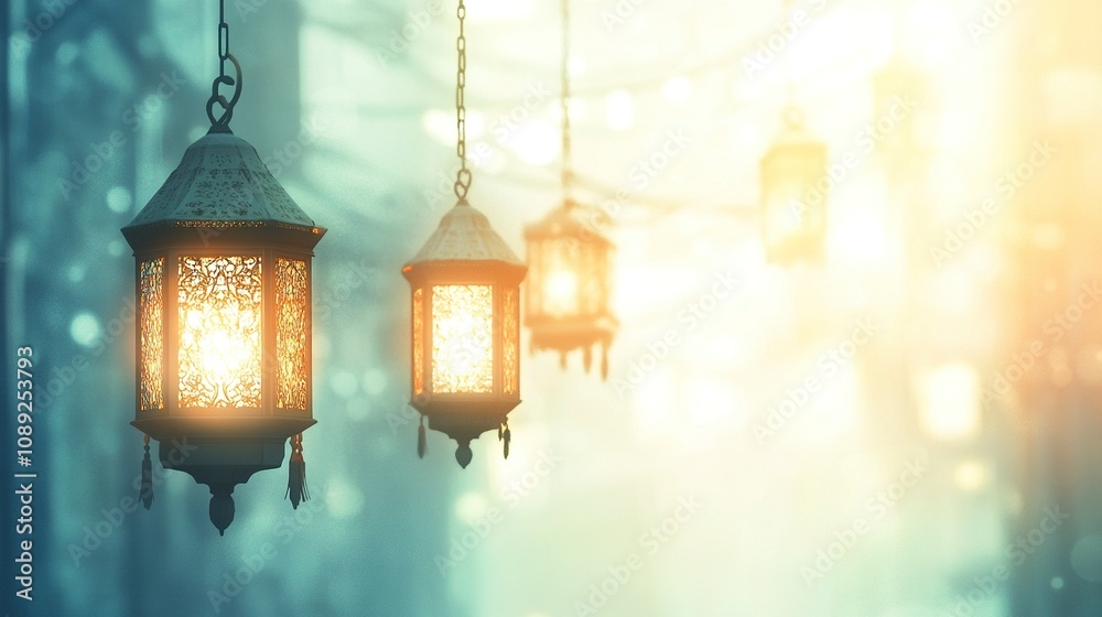 one hanging Islamic lanterns on a blurry light background. it will be on the left side of the artboard, generative ai one hanging Islamic lanterns on a blurry light background. it will be on the left side of the artboard, generative ai