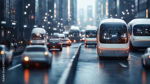 Futuristic urban scene with autonomous vehicles on a busy road at night, surrounded by tall skyscrapers and people. The vehicles feature sleek, rounded designs with illuminated fronts.