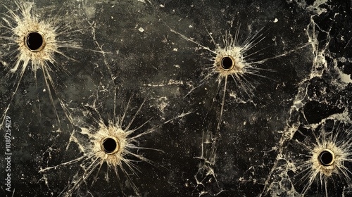 Abstract shattered glass background with bullet hole patterns creating a dramatic effect, symbolizing themes of crime, violence, and tension. photo