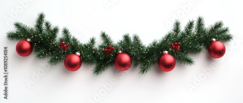 A festive green garland adorned with shiny red ornaments, perfect for holiday decorations.