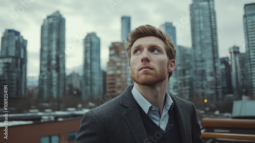 A man in a suit gazes thoughtfully at a city skyline filled with modern buildings.