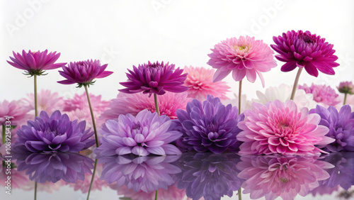 A beautiful display of purple and pink flowers reflecting on a smooth surface, creating a serene and vibrant floral arrangement.