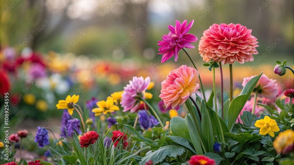A vibrant array of colorful blooms in a garden setting blurred to emphasize the beauty of spring, arrangement, petals, spring background blur flowers, garden, colorful A vibrant array of colorful blooms in a garden setting blurred to emphasize the beauty of spring, arrangement, petals, spring background blur flowers, garden, colorful