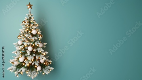 Frosted Christmas tree with gold and white ornaments.