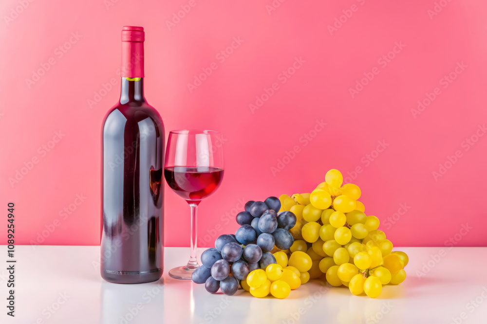 Fototapeta premium A bottle of red wine stands next to a glass filled with wine, accompanied by clusters of yellow and blue grapes against a vibrant pink background.