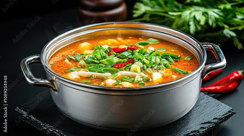 Hot pot with rich broth and vegetables, earthy tones, Chinese comfort food, homestyle and authentic feel Hot pot with rich broth and vegetables, earthy tones, Chinese comfort food, homestyle and authentic feel