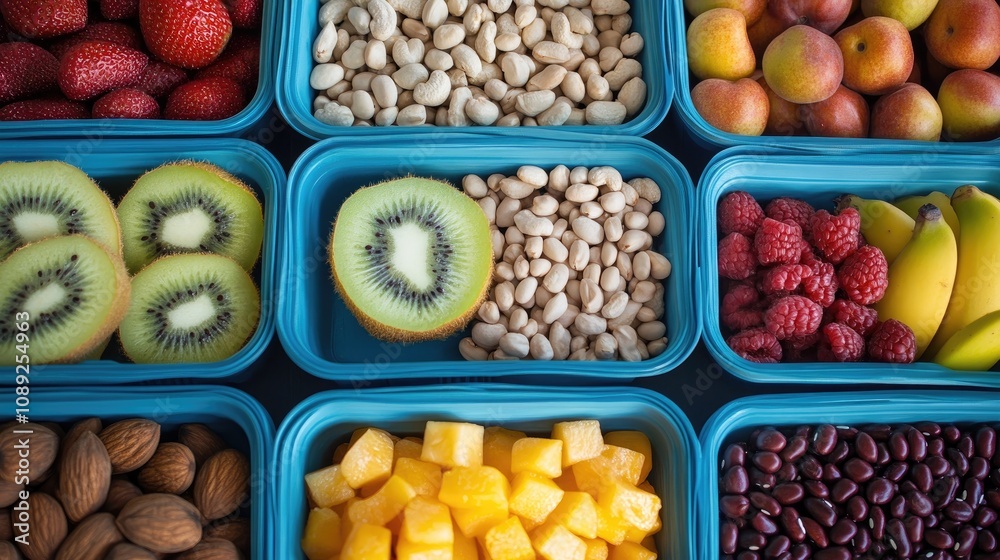 Vibrant assortment of fresh fruits, nuts, and beans displayed in blue containers featuring strawberries, kiwi, bananas, and colorful beans and nuts. Vibrant assortment of fresh fruits, nuts, and beans displayed in blue containers featuring strawberries, kiwi, bananas, and colorful beans and nuts.