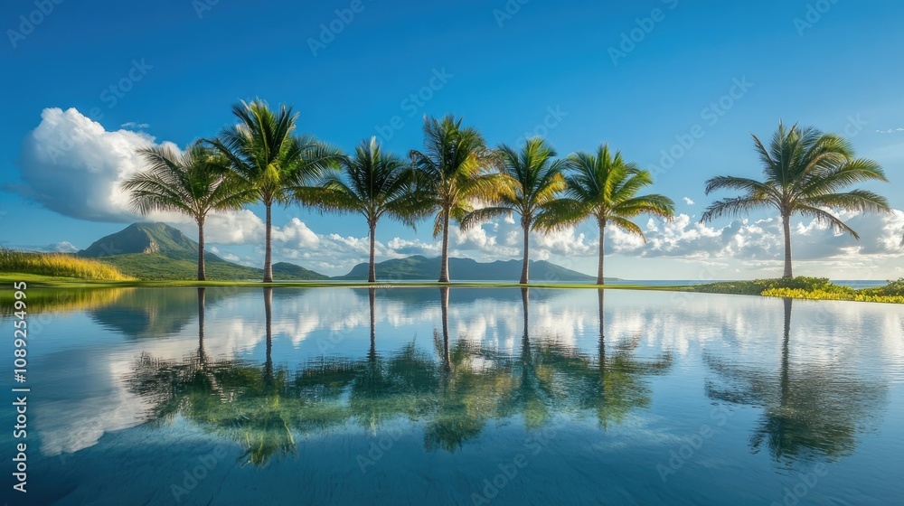 Serene tropical landscape featuring tall palm trees beside crystal-clear reflective water with gentle hills and bright blue sky in the background. Serene tropical landscape featuring tall palm trees beside crystal-clear reflective water with gentle hills and bright blue sky in the background.