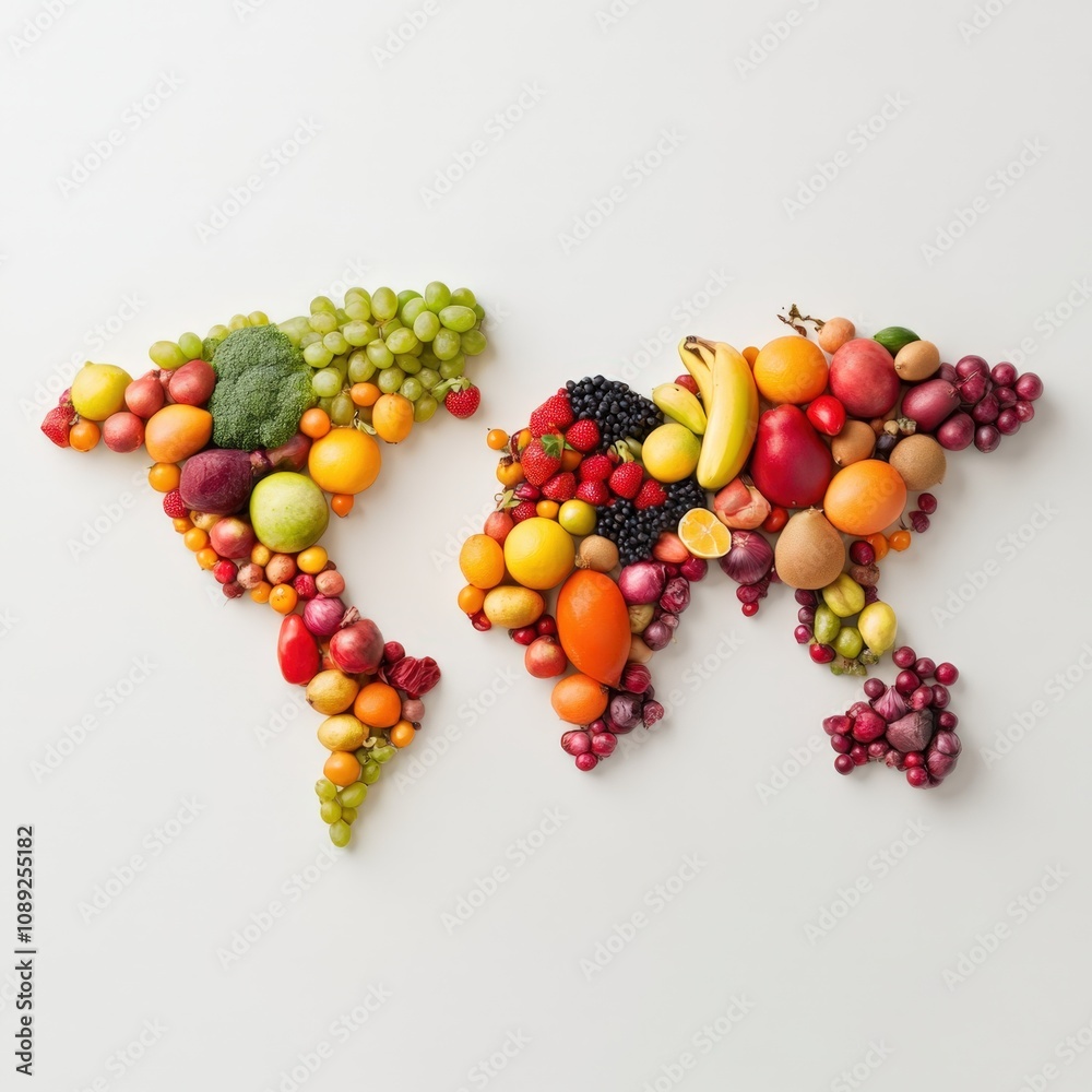 colorful fruits arranged in the shape of a world map