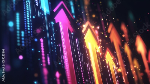 Vibrant Digital Illustration of Colorful Upward Pointing Arrows on Black Background with Rainbow Glow Effect and Energetic Motion