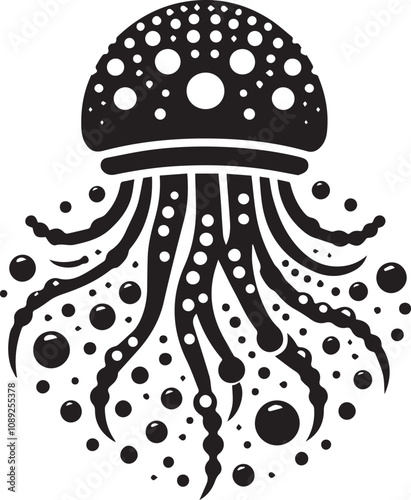 A jellyfish silhouette with a round dome and dotted tentacles resembling bubbles photo