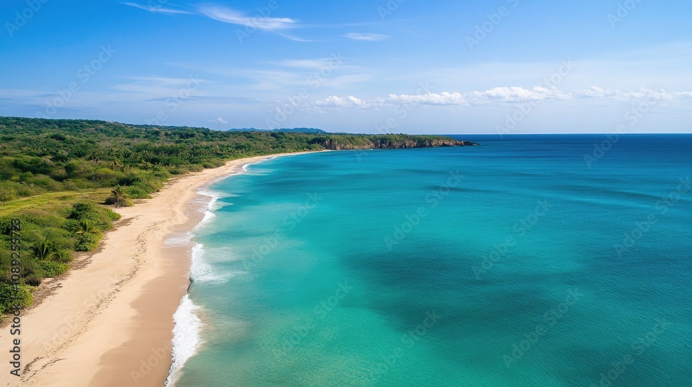 Obraz premium Aerial view of a beautiful tropical landscape with a serene sandy beach and tranquil blue ocean waters under a clear sky.