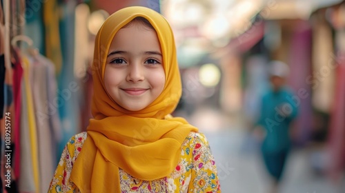 Cheerful young girl wearing a yellow hijab and floral dress smiling at the camera in a colorful market street setting with blurred background.