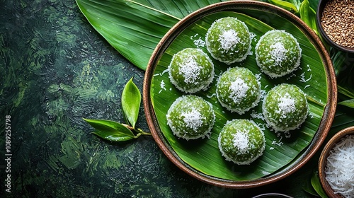 singapore ondeh-ondeh sweet dumplings with coconut and gula melaka 