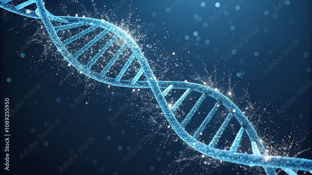 An elegant blue strand of DNA adorned with intricate crystalline structures that emit sparks in a precise symmetrical pattern, bioluminescent crystal formation, glowing genetic motifs