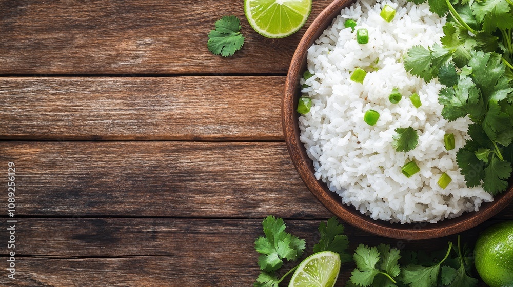 Fluffy white rice topped with fresh cilantro and green onions, accompanied by lime wedges on a rustic wooden table for a vibrant presentation. Fluffy white rice topped with fresh cilantro and green onions, accompanied by lime wedges on a rustic wooden table for a vibrant presentation.