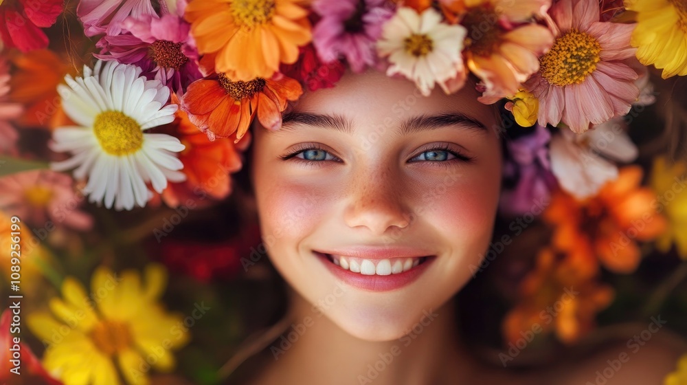 Smiling girl surrounded by a vibrant floral arrangement featuring daisies, roses, and various colorful flowers, exuding a joyful and serene vibe. Smiling girl surrounded by a vibrant floral arrangement featuring daisies, roses, and various colorful flowers, exuding a joyful and serene vibe.