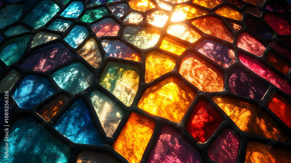 An Intricate Stained Glass Window Bathed in Sunlight, Creating Vibrant Colors and Artistic Patterns An Intricate Stained Glass Window Bathed in Sunlight, Creating Vibrant Colors and Artistic Patterns