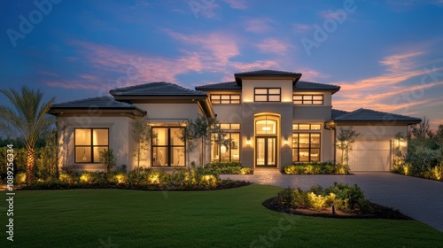 Contemporary home illuminated at night featuring a striking faÃ§ade, warm interior lights glowing through large windows, and lush landscaping. photo