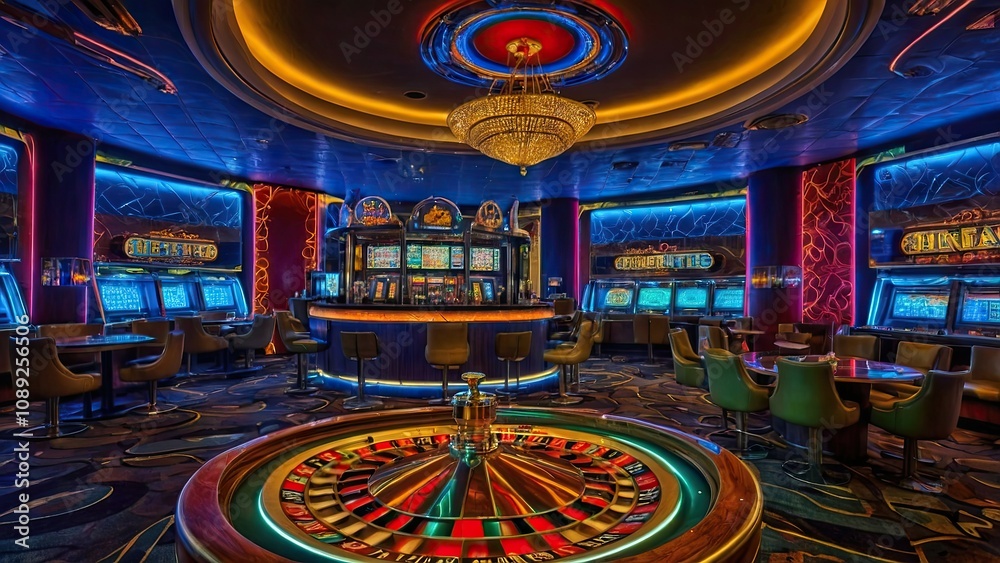 Fototapeta premium an image of a casino room with neon lights and a roulette wheel in the