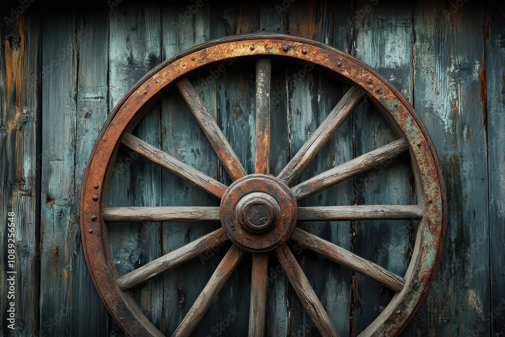 Rustic wooden wagon wheel against a weathered blue-green wooden wall, showcasing vintage charm and historical craftsmanship in a rural setting. Rustic wooden wagon wheel against a weathered blue-green wooden wall, showcasing vintage charm and historical craftsmanship in a rural setting.