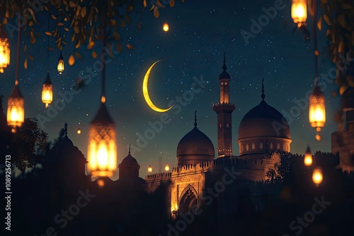 Wallpaper Mural Photorealistic, Ramadan, Crescent moon and lanterns in a night sky, Traditional Islamic architecture in the background, Warm golden and blue lighting, Peaceful and spiritual mood, generative ai Torontodigital.ca