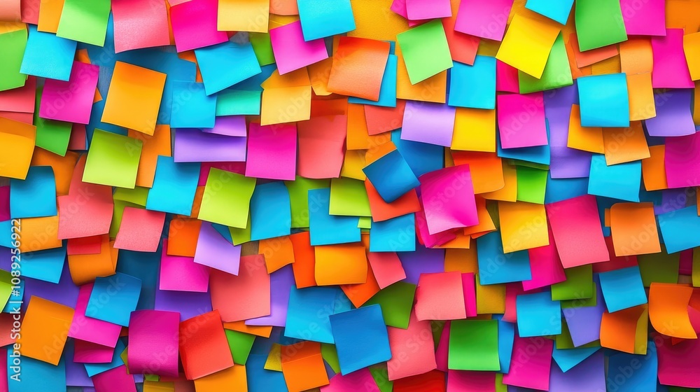 A colorful bulletin board filled with an array of sticky notes in various vibrant hues, representing creative ideas and project tasks. A colorful bulletin board filled with an array of sticky notes in various vibrant hues, representing creative ideas and project tasks.