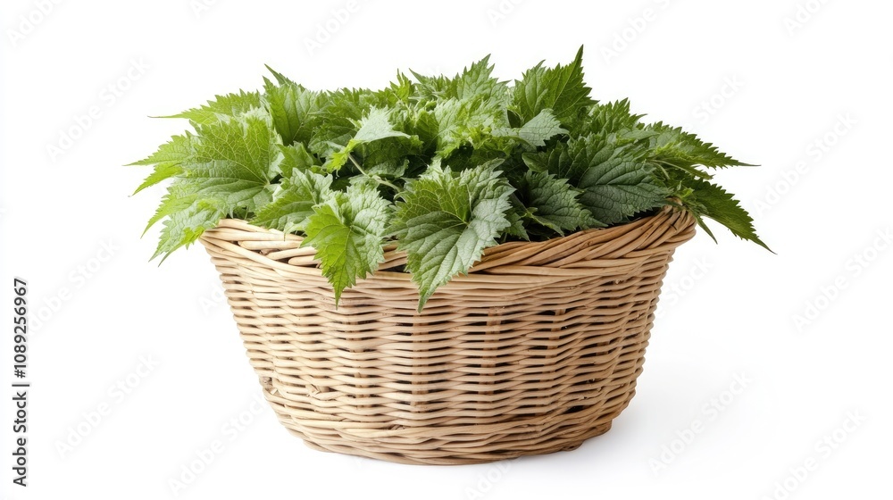Basket brimming with vibrant green stinging nettle leaves set against a bright white background, highlighting the lush foliage of Urtica. Basket brimming with vibrant green stinging nettle leaves set against a bright white background, highlighting the lush foliage of Urtica.