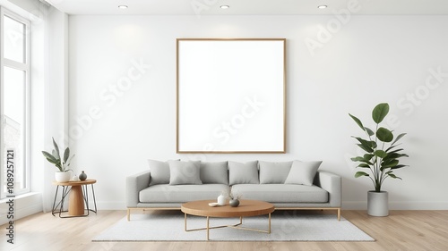 Modern living room with minimalistic decor and large blank wall canvas