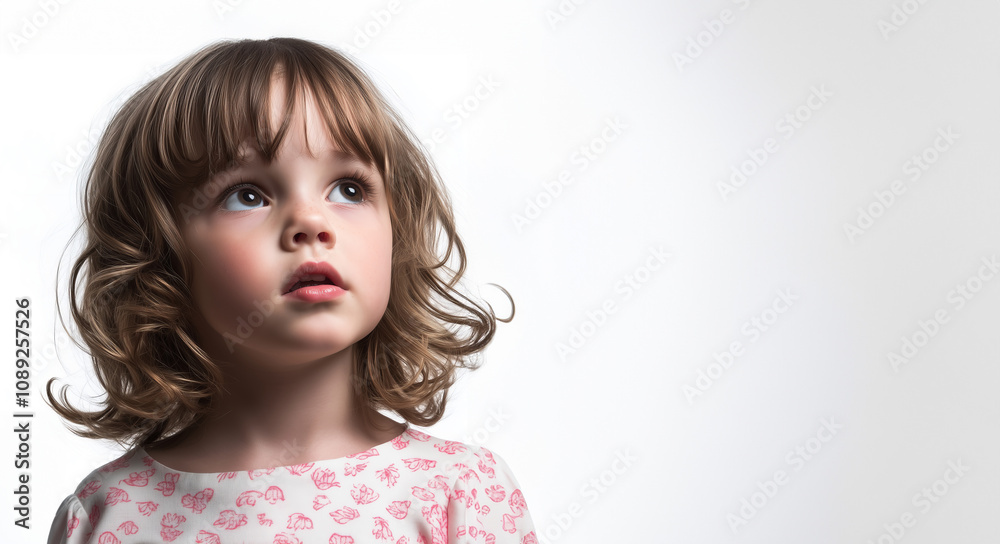 A young girl with curly hair gazes thoughtfully into the distance, showcasing innocence and wonder in a simple, clean setting. A young girl with curly hair gazes thoughtfully into the distance, showcasing innocence and wonder in a simple, clean setting.