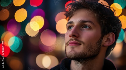 Young man looking up at colorful lights.