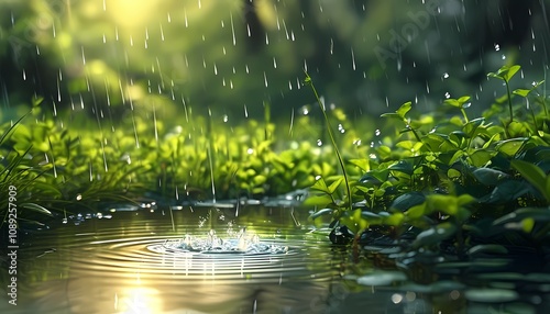 Raindrops creating ripples in a tranquil pond nature scene outdoor environment serene viewpoint environmental concept