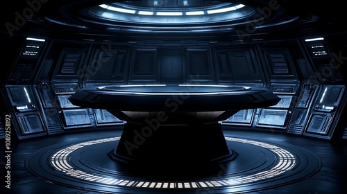 Futuristic spaceship interior with illuminated circular table in the center.