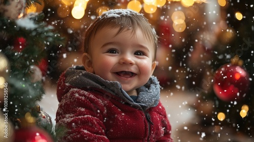 Cheerful baby boy smiling amid festive market setting with twinkling holiday lights and snow-covered decorations, capturing the essence of joyful celebrations.