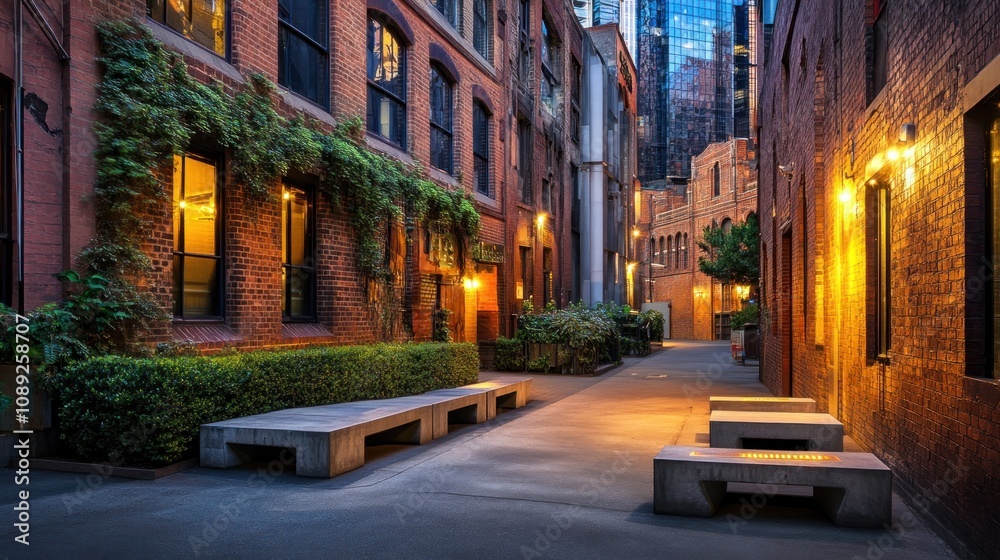 A serene alleyway with brick buildings, greenery, and warm lights creating a cozy atmosphere. A serene alleyway with brick buildings, greenery, and warm lights creating a cozy atmosphere.