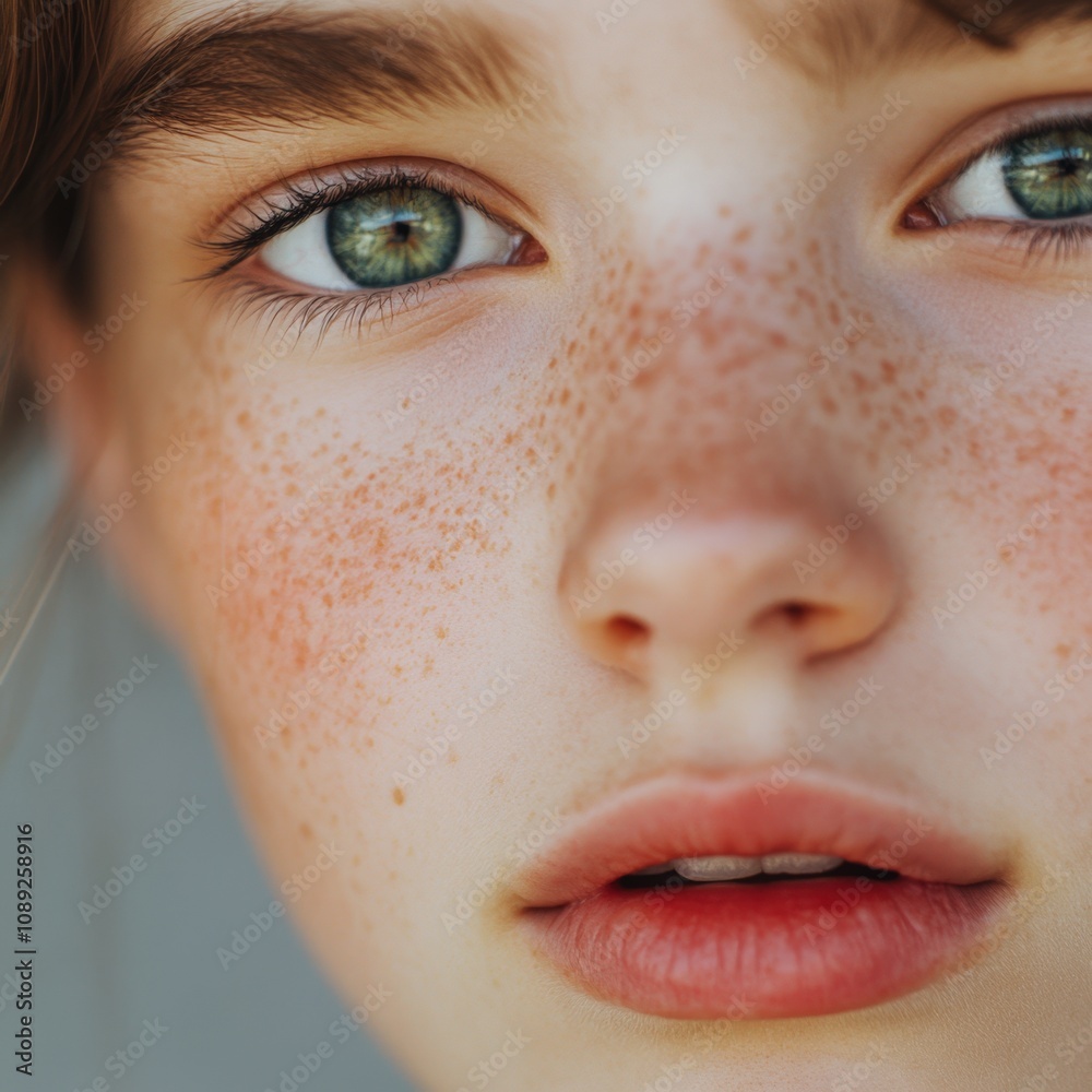 closeup portrait of a young person with striking green eyes and freckles closeup portrait of a young person with striking green eyes and freckles