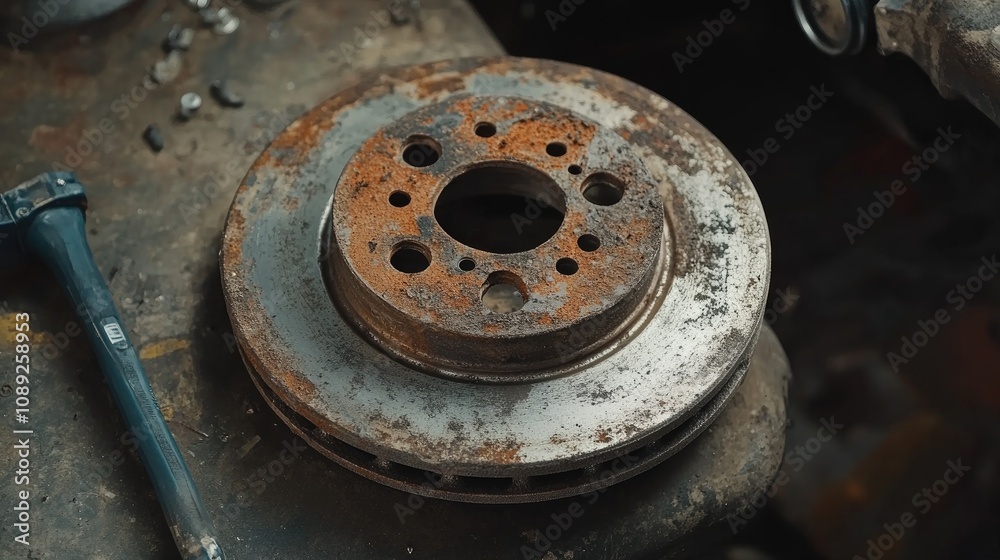 Rusty brake disc on a workbench beside a tool, highlighting the importance of brake maintenance during vehicle inspections for safety. Rusty brake disc on a workbench beside a tool, highlighting the importance of brake maintenance during vehicle inspections for safety.