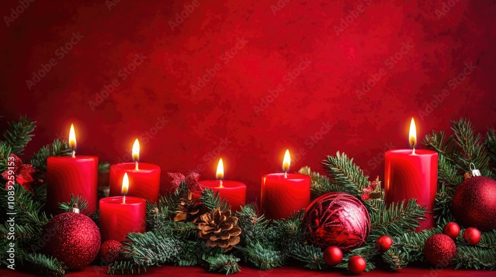 Red Christmas candles surrounded by pine branches, ornaments, and pine cones against a textured red backdrop, creating a warm festive atmosphere. Red Christmas candles surrounded by pine branches, ornaments, and pine cones against a textured red backdrop, creating a warm festive atmosphere.