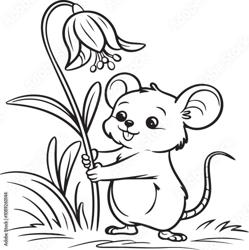 Little forest mouse holding dandelion Meadow vole with flower Rat keep blossom