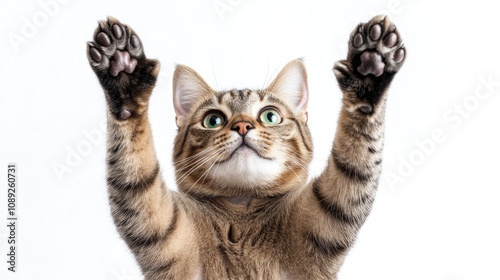 Bengal cat playfully raising its paws with a surprised expression against a clean white background, showcasing its striking fur patterns and bright green eyes.