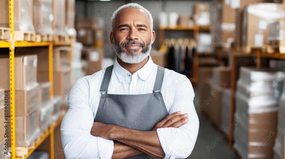 A confident man stands with crossed arms in a warehouse filled with boxes, showcasing leadership and professionalism. A confident man stands with crossed arms in a warehouse filled with boxes, showcasing leadership and professionalism.