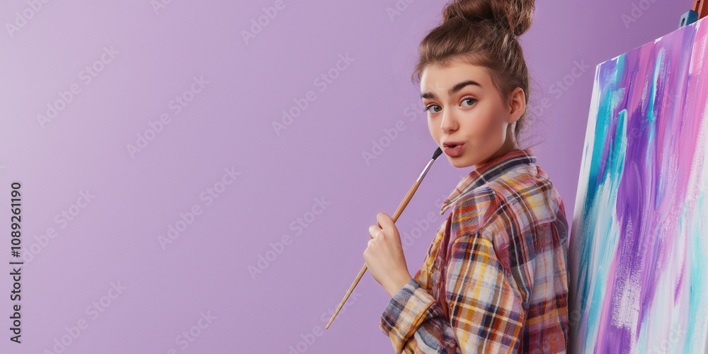 Teenage girl artist holding a paintbrush near her lips, standing by a colorful canvas, expressing creativity and playfulness, embodying artistic inspiration and self-expression in a modern style. Teenage girl artist holding a paintbrush near her lips, standing by a colorful canvas, expressing creativity and playfulness, embodying artistic inspiration and self-expression in a modern style.
