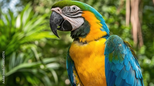 Vibrant close-up of a colorful macaw parrot showcasing intricate feathers amidst lush tropical greenery highlighting its striking beauty.