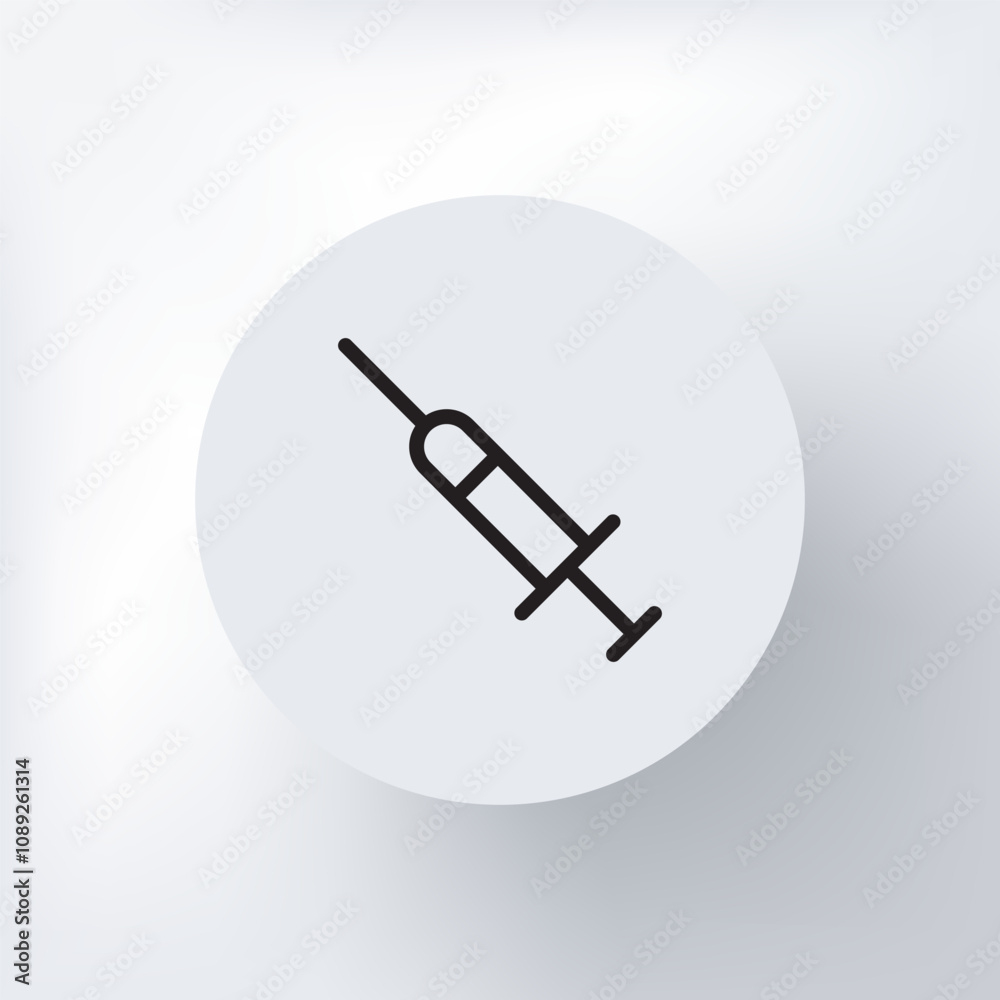 Minimalist syringe icon with a needle in a circle on a light gray background. Minimalist syringe icon with a needle in a circle on a light gray background.