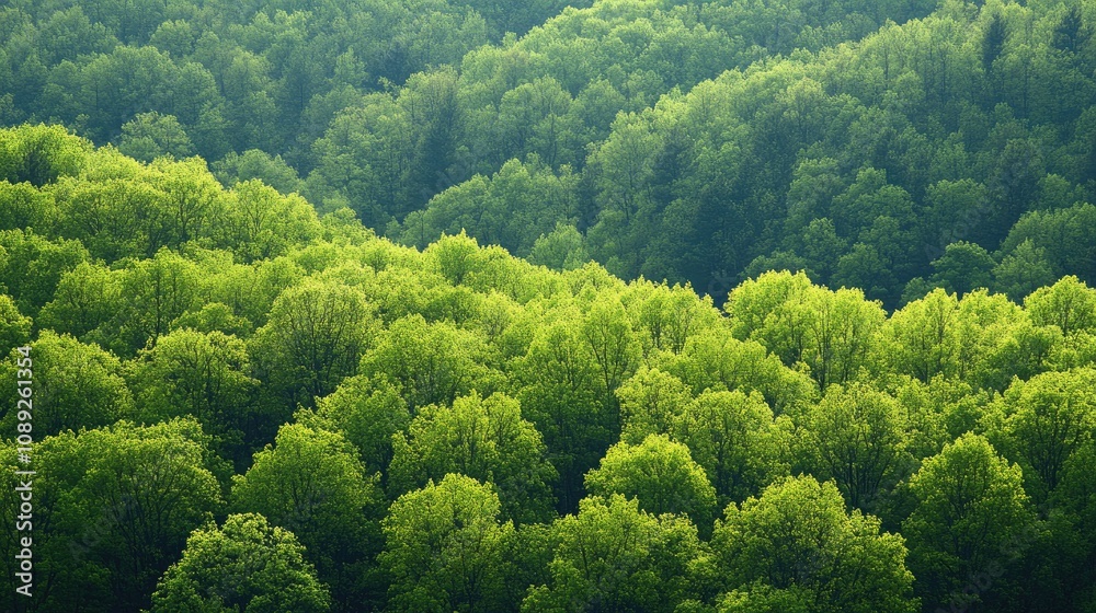 Obraz premium Aerial view of lush green treetops displaying the diverse textures and vibrant colors of forest canopies in a serene natural landscape.