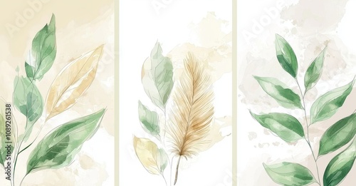 Golden feathers and leaves in a silky background. 3D drawing art mural photo