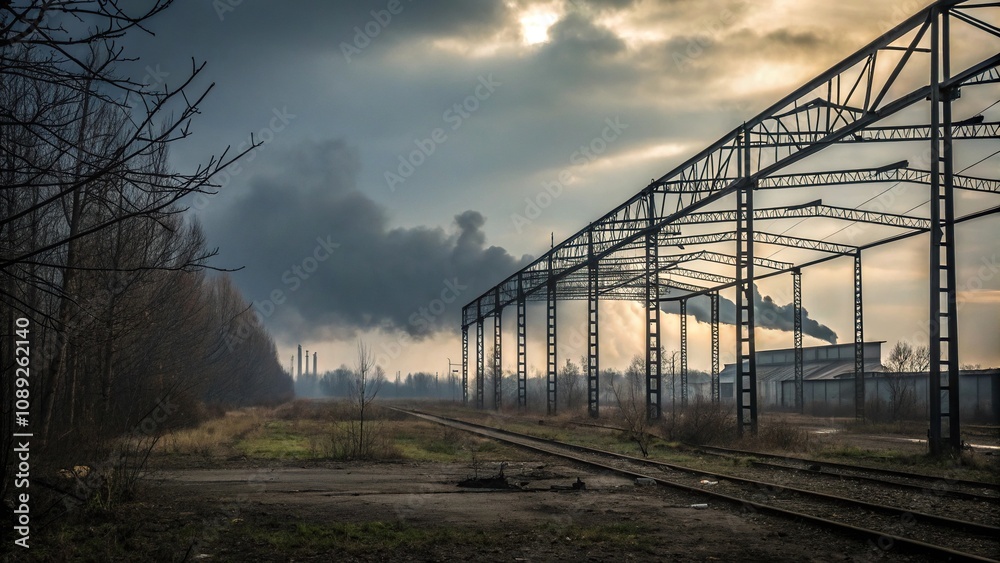 Fototapeta premium Dark metallic landscape with twisted metal beams and a polluted sky, industrial decay, barren, gritty, rugged, decayed