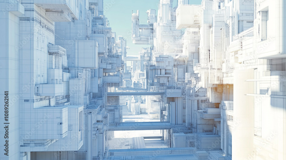 Futuristic urban landscape with abstract architecture and geometric forms in bright daylight Futuristic urban landscape with abstract architecture and geometric forms in bright daylight